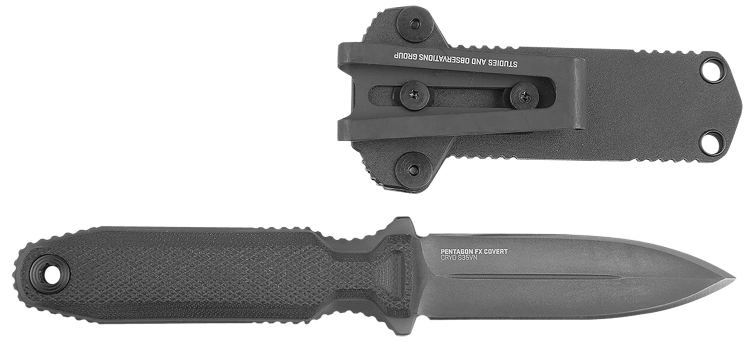 SOG Pentagon FX Covert 3.41" Fixed Spear Point Black TiN Cryo CPM S35VN Blade, G10 Blackout Handle with Sheath