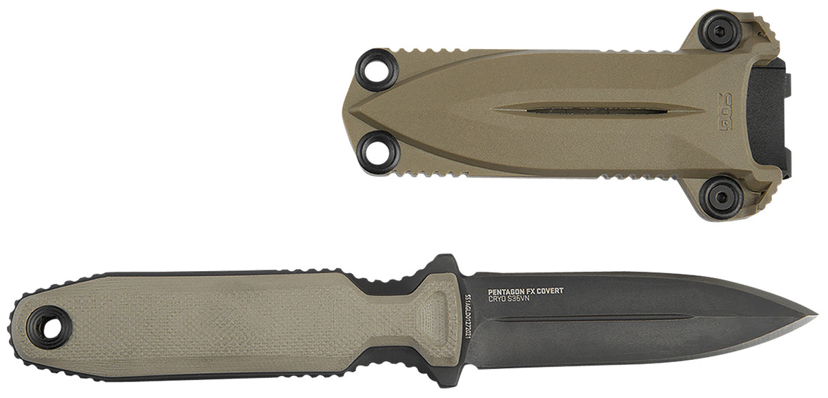 SOG Pentagon FX Covert 3.41" Fixed Spear Point Black TiN Cryo CPM S35VN Blade, G10 Flat Dark Earth Handle with Sheath