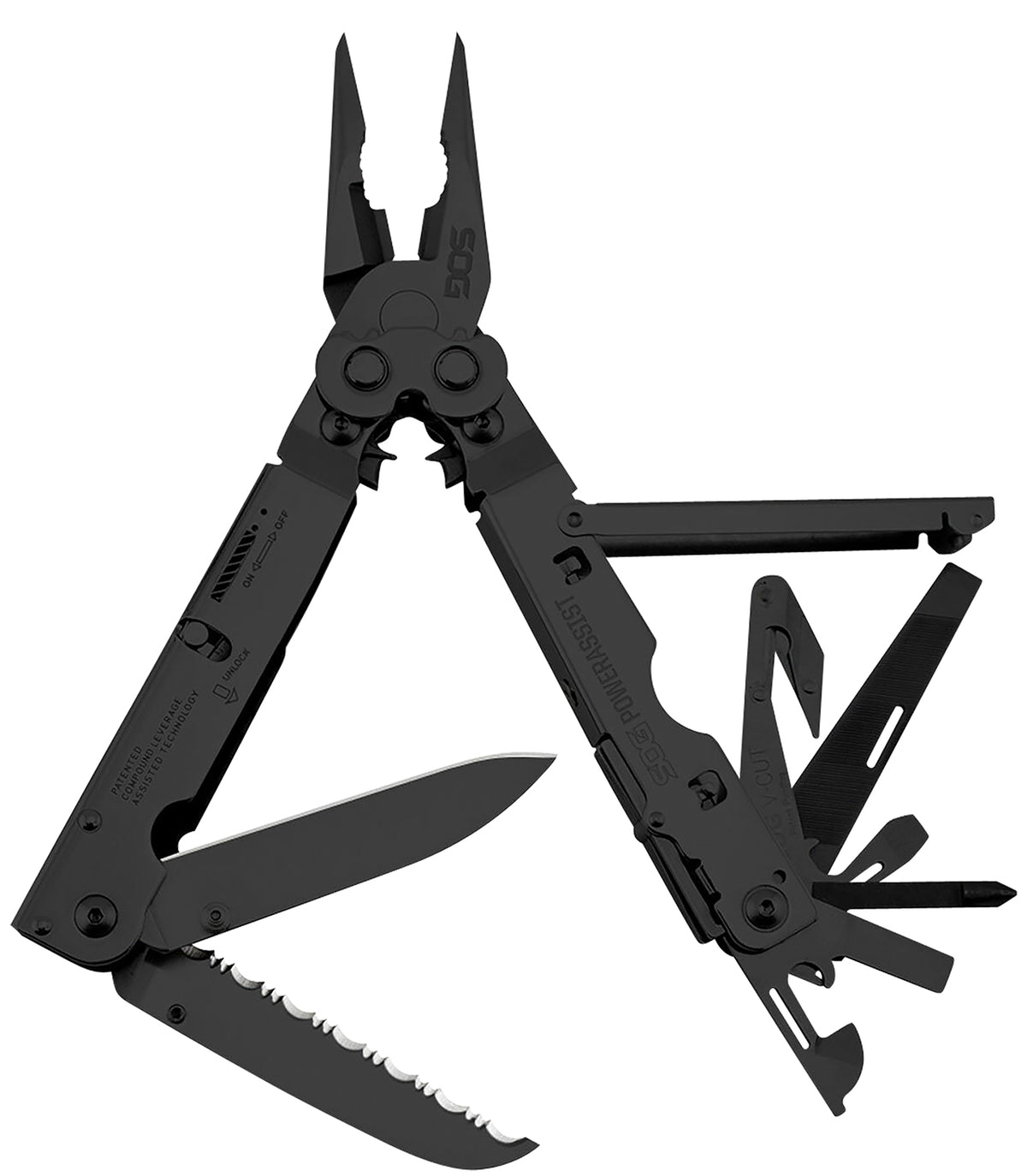 SOG PowerAssist Black Oxide 420 Stainless Steel 7" 16-Tool Multi-Tool with Dual SAT Blades and Sheath