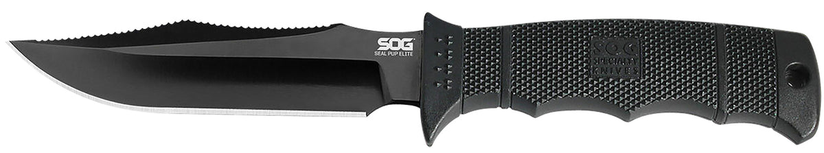 SOG SOGE37SNCP Seal Pup Elite 4.85" Fixed Blade Clip Point Plain Black TiCN Hardcased AUS-8A Stainless Blade Black GRN Handle with Lanyard and Sheath