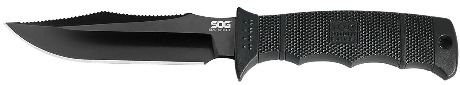 SOG SOGE37SNCP Seal Pup Elite 4.85" Fixed Blade Clip Point Plain Black TiCN Hardcased AUS-8A Stainless Blade Black GRN Handle with Lanyard and Sheath
