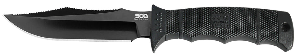 SOG SOGE37SNCP Seal Pup Elite 4.85" Fixed Blade Clip Point Plain Black TiCN Hardcased AUS-8A Stainless Blade Black GRN Handle with Lanyard and Sheath