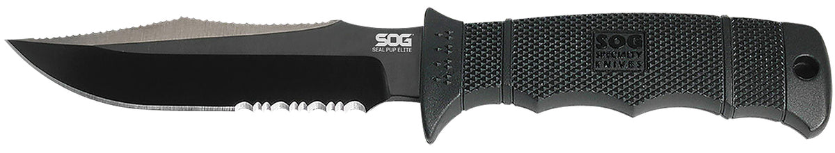 SOG SOGE37TK Seal Pup Elite 4.85" Fixed Clip Point Part Serrated Black Hardcased TiCN AUS-8A SS Blade Black GRN Handle with Lanyard and Kydex Sheath