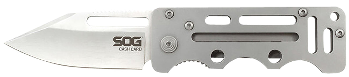 SOG SOG-EZ1-CP Cash Card 2.75" Folding Clip Point Satin 8Cr13MoV SS Blade Silver Skeletonized Stainless Steel Handle with Pocket Clip