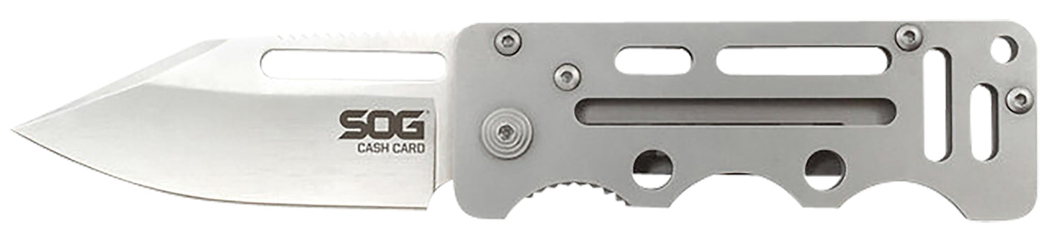 SOG SOG-EZ1-CP Cash Card 2.75" Folding Clip Point Satin 8Cr13MoV SS Blade Silver Skeletonized Stainless Steel Handle with Pocket Clip