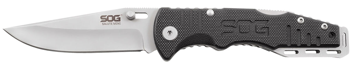 SOG SOGFF1001C Salute Mini 3.10" Folding Clip Point Plain Bead Blasted 8Cr13MoV SS Blade Black G10 Handle with Pocket Clip