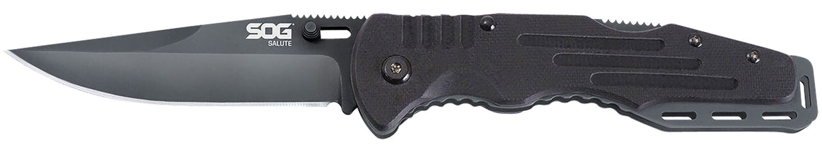 SOG SOG-FF11-CP Salute 3.62" Folding Clip Point Plain Black Hardcased 8Cr13MoV SS Blade Black G10 Handle with Belt Clip