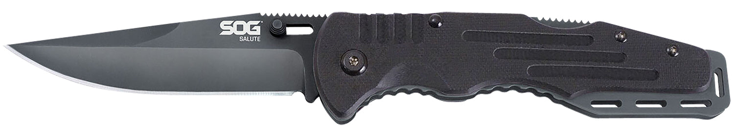 SOG SOG-FF11-CP Salute 3.62" Folding Clip Point Plain Black Hardcased 8Cr13MoV SS Blade Black G10 Handle with Belt Clip