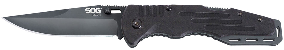 SOG SOG-FF11-CP Salute 3.62" Folding Clip Point Plain Black Hardcased 8Cr13MoV SS Blade Black G10 Handle with Belt Clip