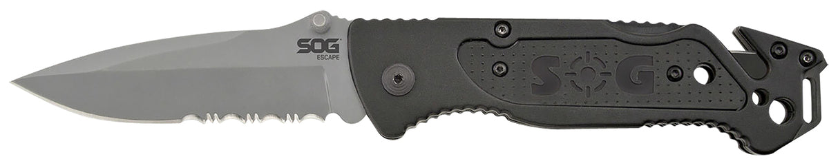 SOG SOG-FF24-CP Escape 3.40" Folding Clip Point Part Serrated Bead Blasted 9Cr18MoV SS Blade Black Anodized Aluminum Handle with Belt Clip