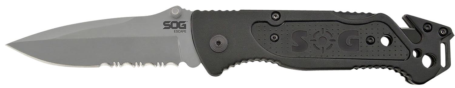 SOG SOG-FF24-CP Escape 3.40" Folding Clip Point Part Serrated Bead Blasted 9Cr18MoV SS Blade Black Anodized Aluminum Handle with Belt Clip