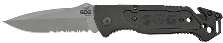 SOG SOG-FF24-CP Escape 3.40" Folding Clip Point Part Serrated Bead Blasted 9Cr18MoV SS Blade Black Anodized Aluminum Handle with Belt Clip