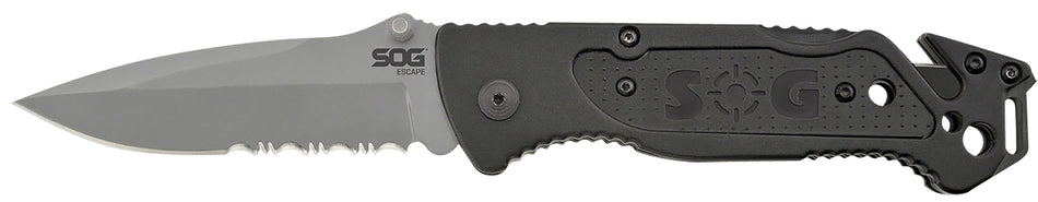 SOG SOG-FF24-CP Escape 3.40" Folding Clip Point Part Serrated Bead Blasted 9Cr18MoV SS Blade Black Anodized Aluminum Handle with Belt Clip