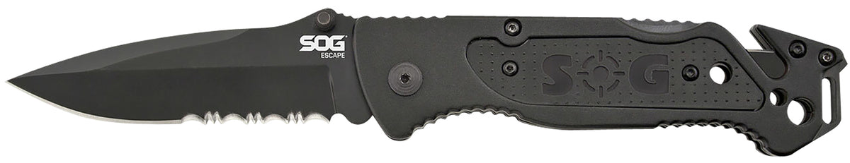 SOG SOGFF25CP Escape 3.40" Folding Clip Point Part Serrated Black Hardcased 9Cr18MoV SS Blade Black Anodized Aluminum Handle with Belt Clip