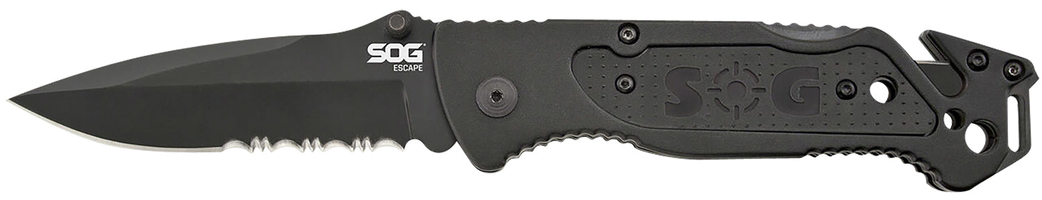 SOG SOGFF25CP Escape 3.40" Folding Clip Point Part Serrated Black Hardcased 9Cr18MoV SS Blade Black Anodized Aluminum Handle with Belt Clip