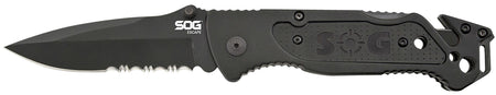 SOG SOGFF25CP Escape 3.40" Folding Clip Point Part Serrated Black Hardcased 9Cr18MoV SS Blade Black Anodized Aluminum Handle with Belt Clip