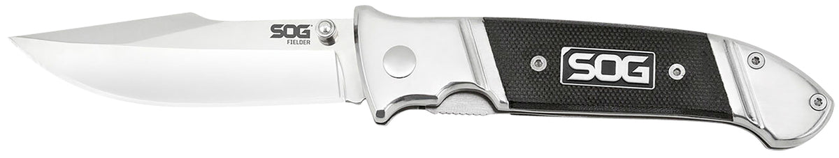 SOG SOG-FF38-CP Fielder 3.30" Folding Clip Point Plain Satin 7Cr17MoV SS Blade Black G10 Handle with Belt Clip