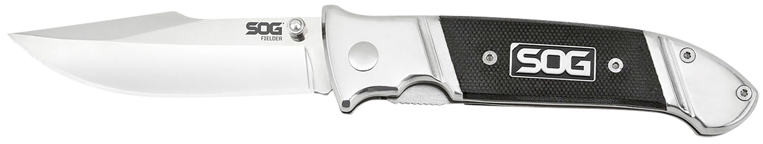 SOG SOG-FF38-CP Fielder 3.30" Folding Clip Point Plain Satin 7Cr17MoV SS Blade Black G10 Handle with Belt Clip