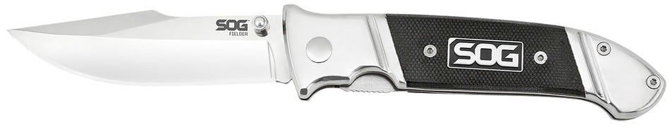 SOG SOG-FF38-CP Fielder 3.30" Folding Clip Point Plain Satin 7Cr17MoV SS Blade Black G10 Handle with Belt Clip