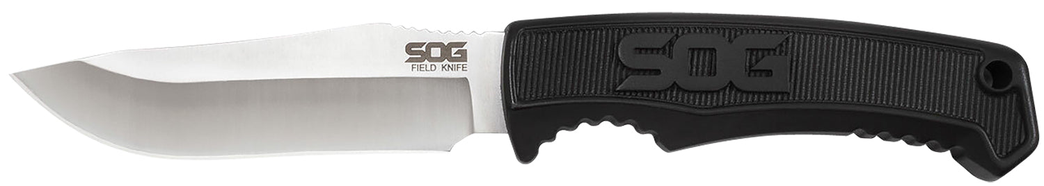 SOG SOGFK1001CP Field Knife 4" Fixed Clip Point Plain Satin 7Cr17MoV SS Blade Black TPR Handle with GRN Sheath and Belt Clip