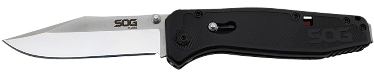 SOG SOGFLA1001CP Flare 3.50" Folding Plain Clip Point Satin Polished Blade Black GRN Handle with Reversible Low-Carry Pocket Clip