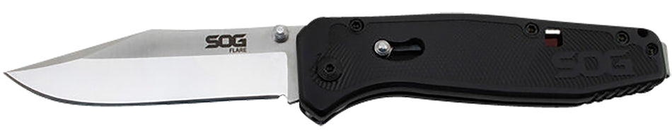 SOG SOGFLA1001CP Flare 3.50" Folding Plain Clip Point Satin Polished Blade Black GRN Handle with Reversible Low-Carry Pocket Clip