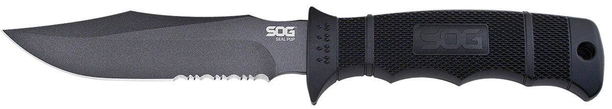 S.O.G SOGM37K Seal Pup 4.75" Fixed Clip Point Partially Serrated Powder Coated AUS-8A SS Blade Black GRN Handle with Kydex Sheath