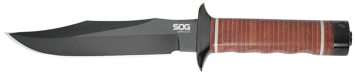 SOG SOGS1TL Bowie 2.0 6.40" Fixed Blade Knife with Black TiNi Hardcased AUS-8 Blade and Brown Stacked Leather Washer Handle