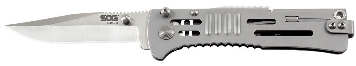 SOG SOG-SJ31-CP SlimJim 3.18" Folding Assisted Clip Point Satin AUS-8A Blade with Bead Blasted 420 SS Handle and Belt Clip