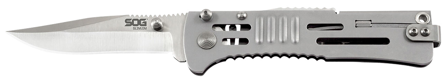 SOG SOG-SJ31-CP SlimJim 3.18" Folding Assisted Clip Point Satin AUS-8A Blade with Bead Blasted 420 SS Handle and Belt Clip