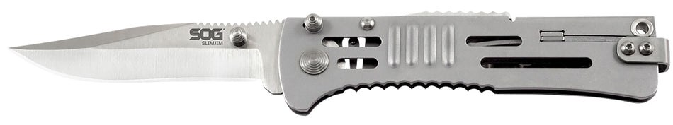 SOG SOG-SJ31-CP SlimJim 3.18" Folding Assisted Clip Point Satin AUS-8A Blade with Bead Blasted 420 SS Handle and Belt Clip