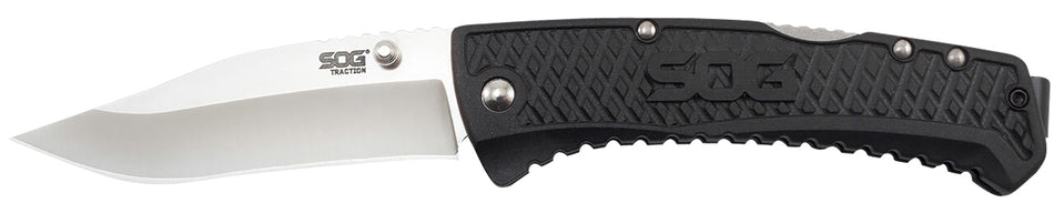 SOG SOG-TD1011-C Traction 3.50" Folding Clip Point Plain Satin 5Cr13MoV SS Blade with Black Textured GRN Handle and Pocket Clip