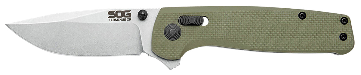 SOG SOGTM1022BX Terminus XR 2.95" Folding Clip Point Stonewashed BD1 Blade with Olive Drab G10 Handle and Pocket Clip
