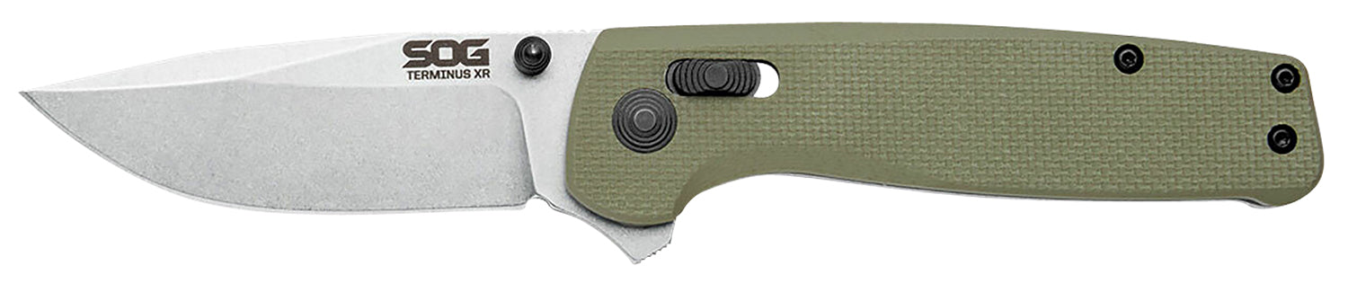 SOG SOGTM1022BX Terminus XR 2.95" Folding Clip Point Stonewashed BD1 Blade with Olive Drab G10 Handle and Pocket Clip