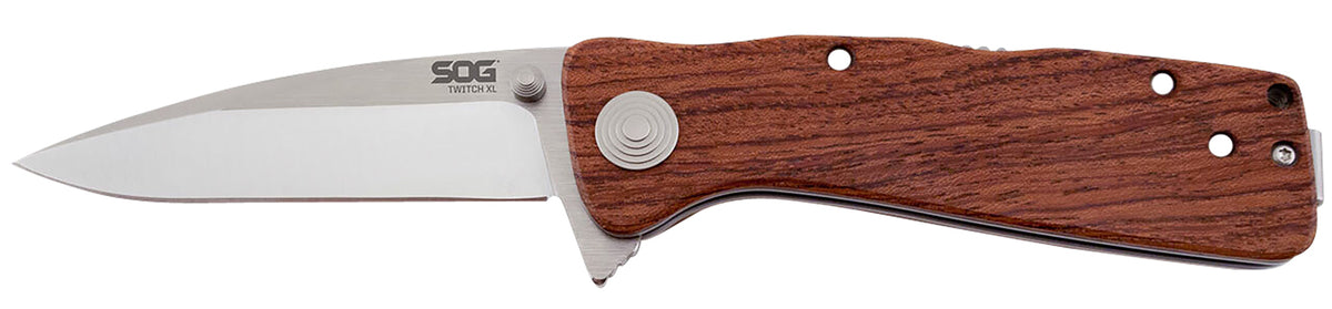SOG SOGTWI17CP Twitch II 2.65" Folding Drop Point Plain Satin AUS-8A SS Blade with Brown Rosewood Handle and Pocket Clip