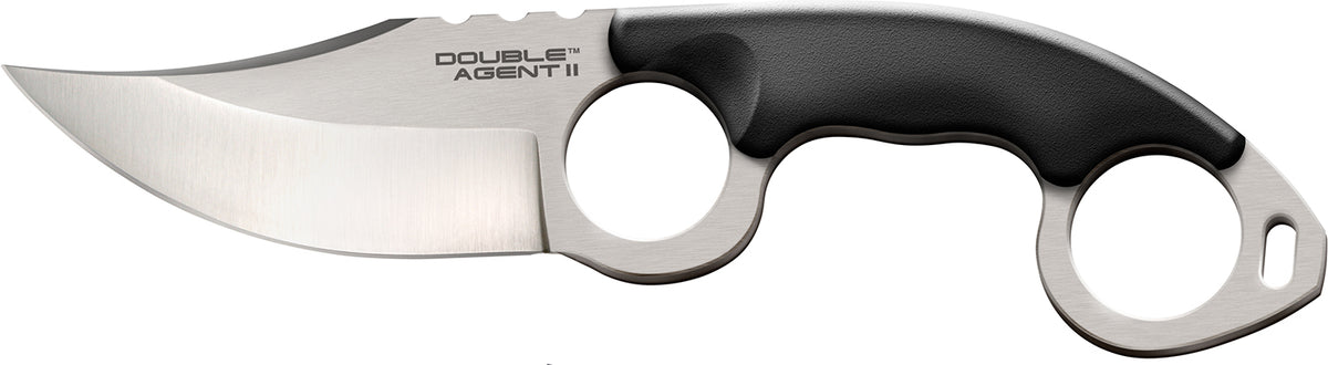 Cold Steel CS39FN Double Agent II 3" Fixed Plain Satin AUS-8A SS Blade Black Double Ring Griv-Ex Handle w/Bead Chain & Sheath