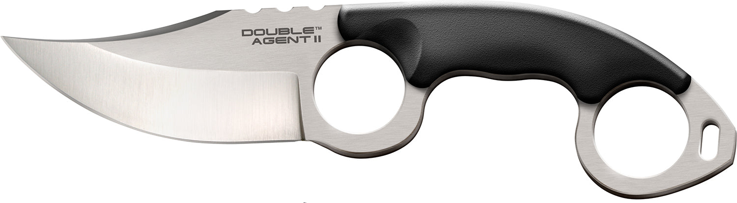 Cold Steel CS39FN Double Agent II 3" Fixed Plain Satin AUS-8A SS Blade Black Double Ring Griv-Ex Handle w/Bead Chain & Sheath