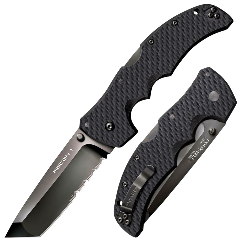Cold Steel CS27BTH Recon 1 4" Folding Part Serrated DLC Coated S35VN Blade Black Textured G10 Handle with Belt Clip