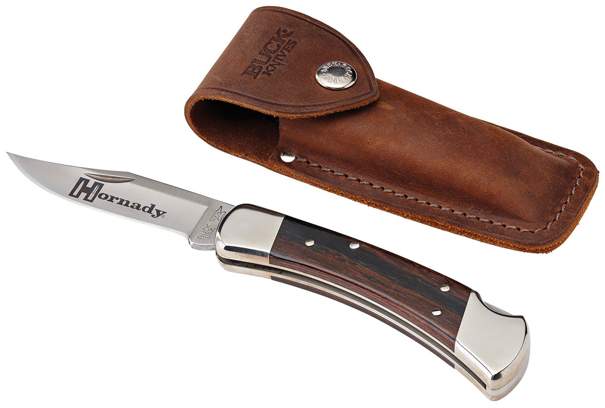 Buck 110 Folding Hunter Knife Plain 420HC Stainless Steel Blade Macassar Ebony Dymondwood Handle Nickel Plated Bolsters