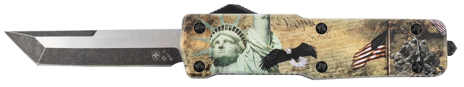 Templar Knife SZLIB221 Premium Weighted Liberty Small 3" OTF Tanto Black Oxide D2 Steel Blade, 4.50" Gold Statue of Liberty Aluminum Handle