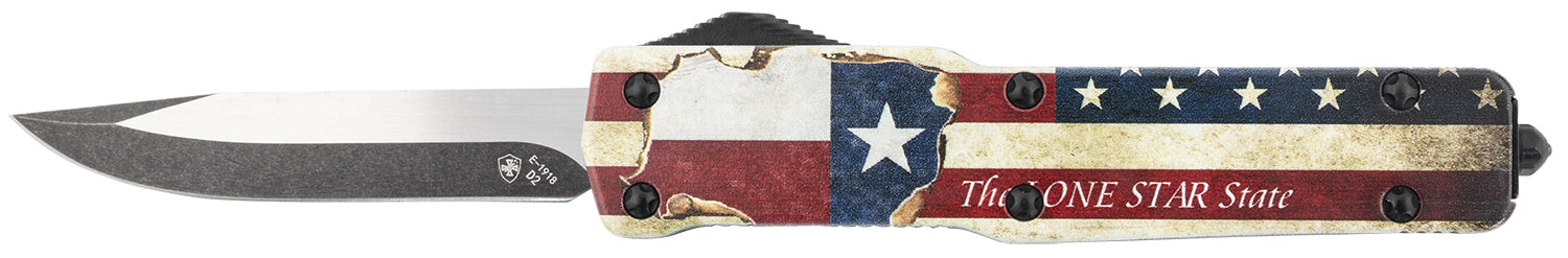 Templar Knife MZTX321 Premium Weighted Texan Slim 3.16" OTF Drop Point Black Oxide D2 Steel Blade, 4.93" Lone Star State Aluminum Handle