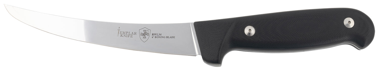 Templar Knife K6BBK362 Boning 6" Fixed Plain Damasteel Blade, 5" Black G10 Handle