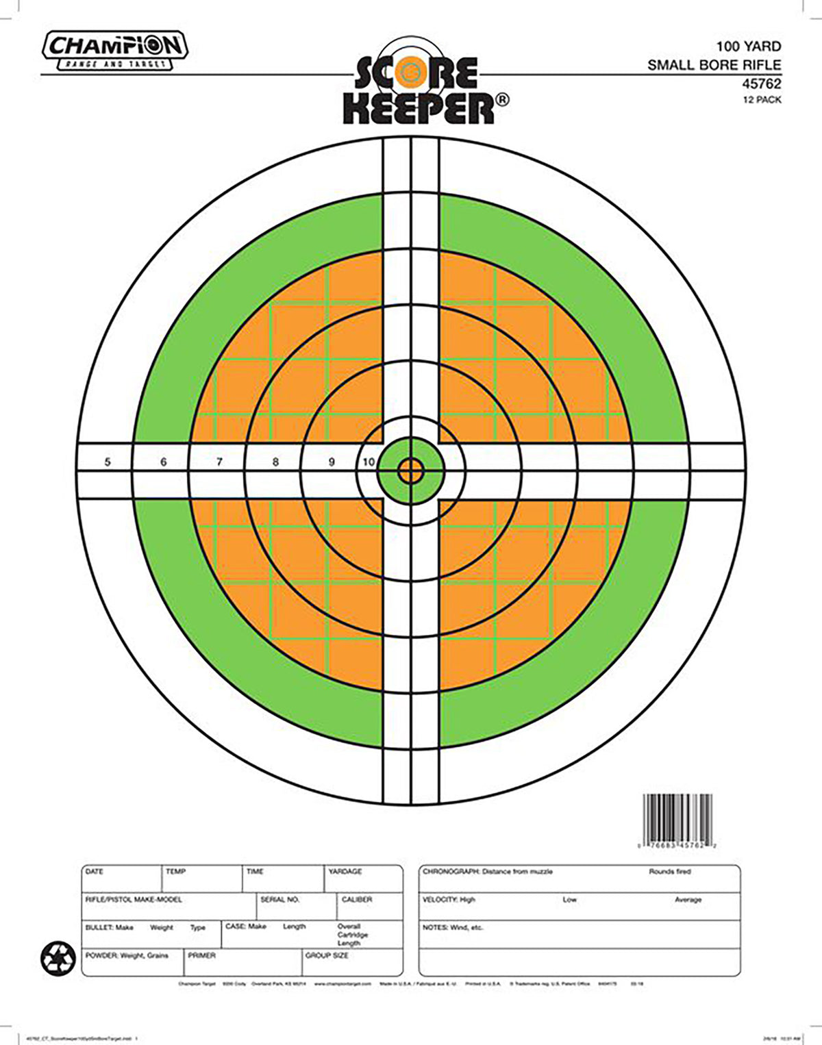 Champion Targets 45762 Score Keeper Sight-In Fluorescent Bullseye 100 yd Small Bore Rifle Paper Target 12 Pack