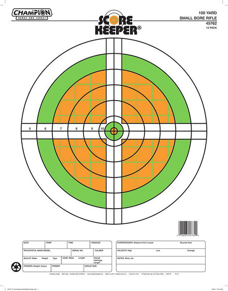 Champion Targets 45762 Score Keeper Sight-In Fluorescent Bullseye 100 yd Small Bore Rifle Paper Target 12 Pack