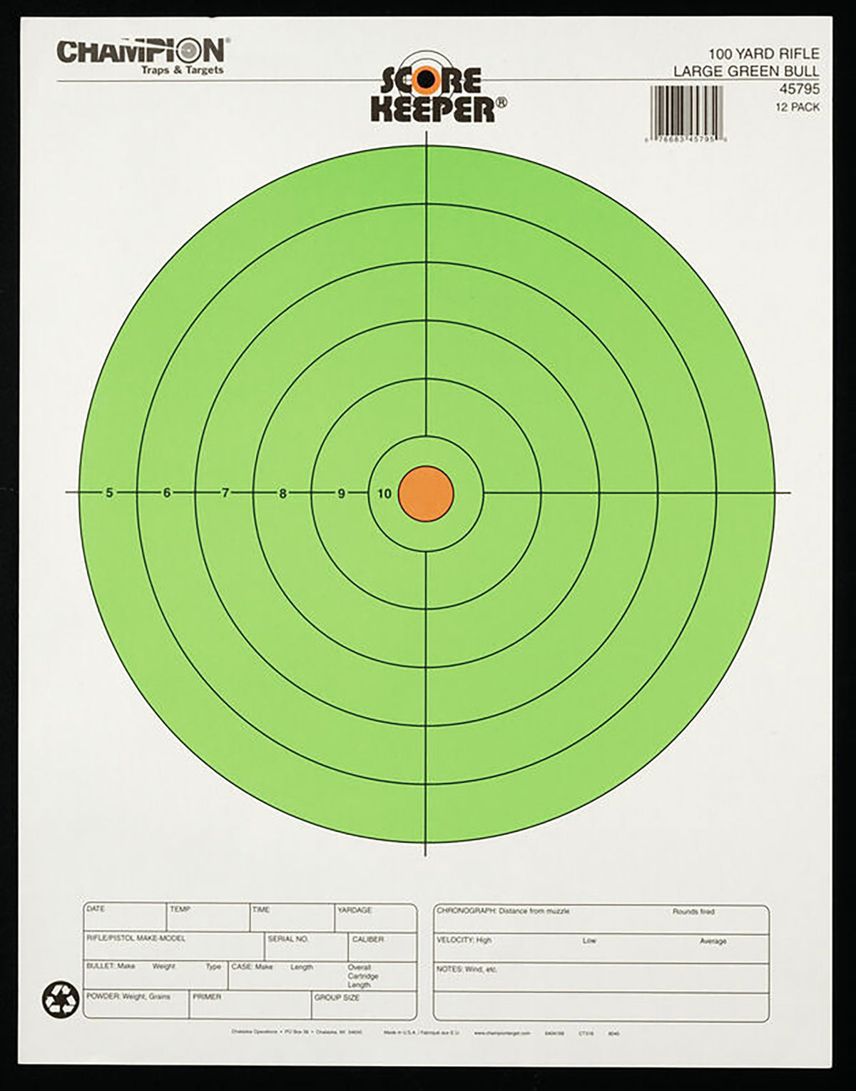 Champion Targets 45795 Score Keeper Fluorescent Bullseye Paper Hanging Rifle Target 100 yds Large 12 PK