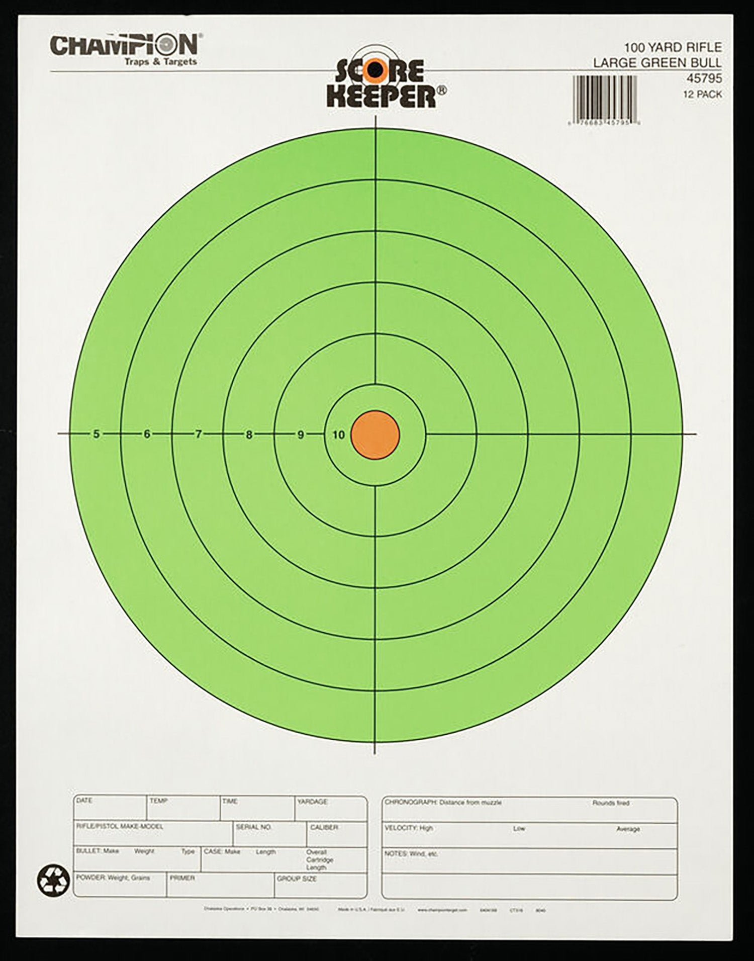 Champion Targets 45795 Score Keeper Fluorescent Bullseye Paper Hanging Rifle Target 100 yds Large 12 PK