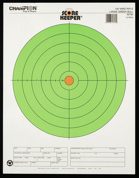 Champion Targets 45795 Score Keeper Fluorescent Bullseye Paper Hanging Rifle Target 100 yds Large 12 PK