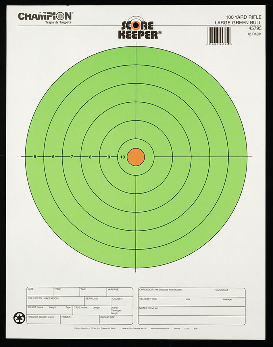 Champion Targets 45795 Score Keeper Fluorescent Bullseye Paper Hanging Rifle Target 100 yds Large 12 PK