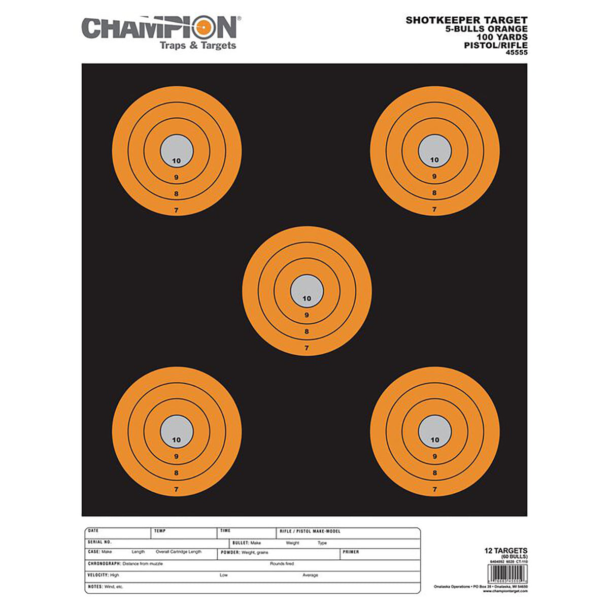 Champion Targets 45555 Shotkeeper 5" Bullseye Paper Target Pistol/Rifle Large Black/Orange 12 Pack