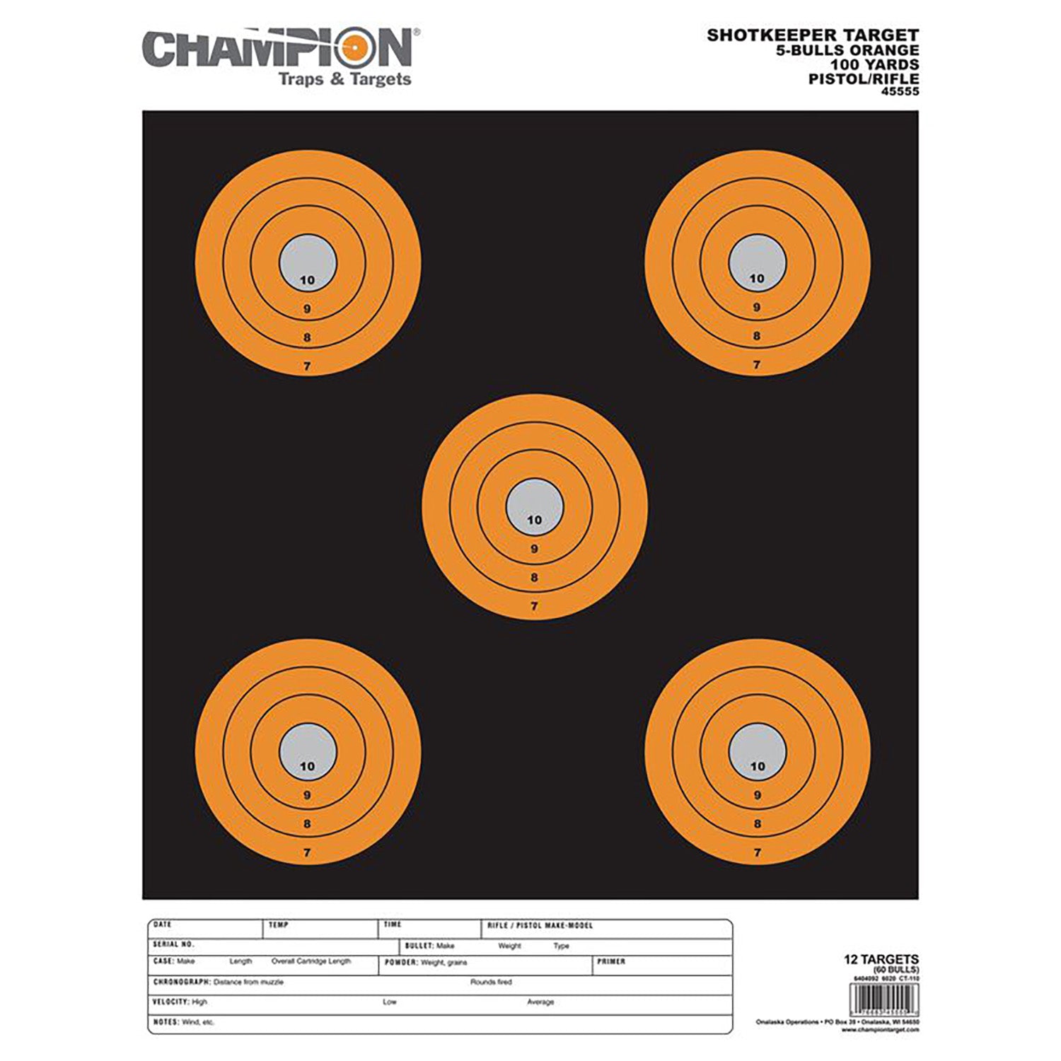 Champion Targets 45555 Shotkeeper 5" Bullseye Paper Target Pistol/Rifle Large Black/Orange 12 Pack